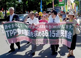 デモ行進の先頭に立つ高橋町長、飯澤教授、鈴木教授ら
