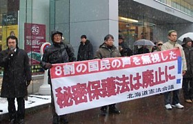 横断幕を掲げ「秘密保護法の廃止」を訴える参加者たち